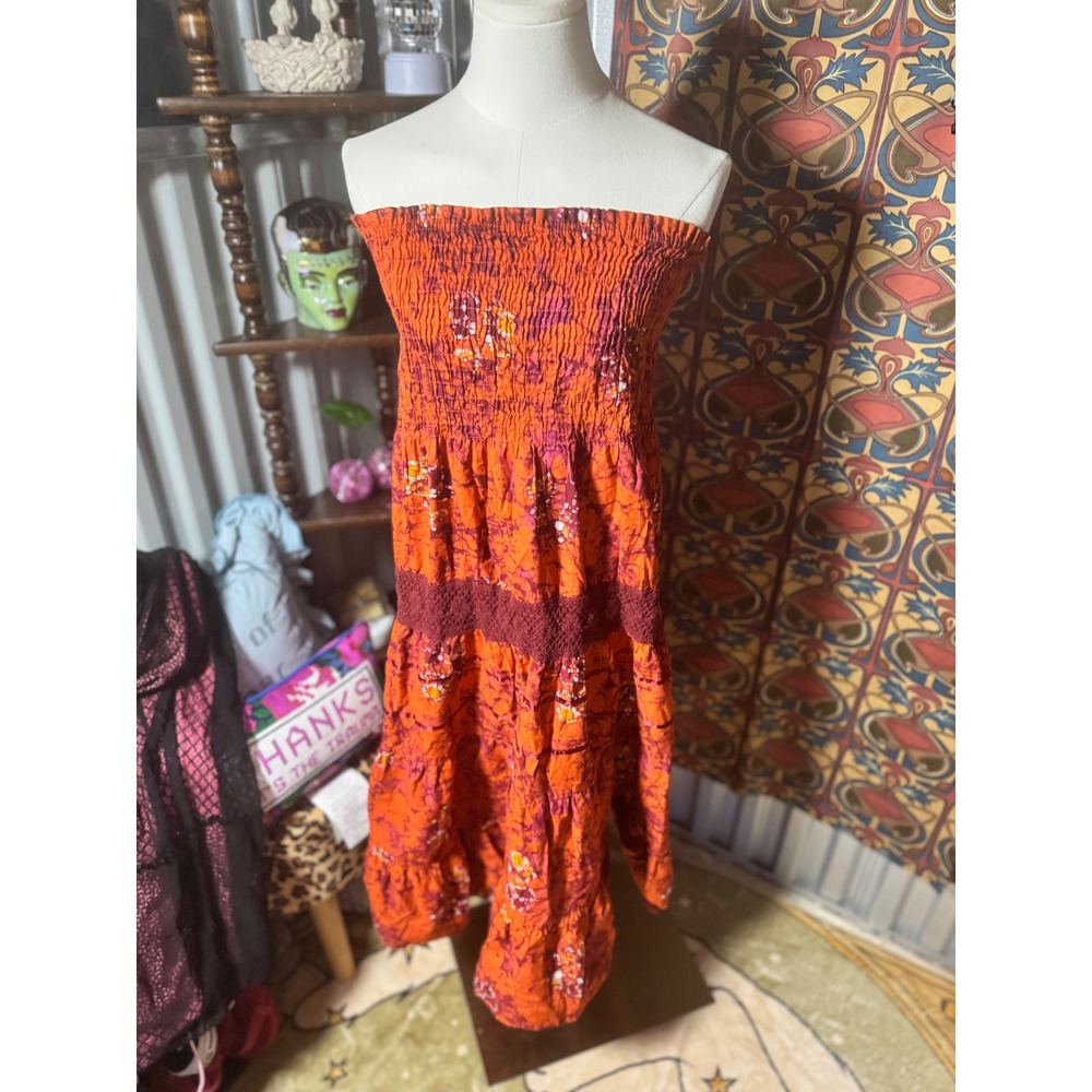 She Sanas Orange Floral Smocked Strapless Tiered Midi Dress Womens Size L